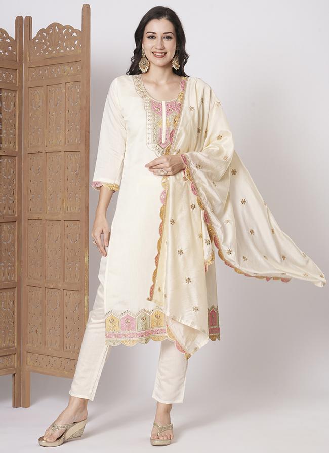 Viscose Chanderi Cream Festival Wear Embroidery Work Readymade Kurti Set